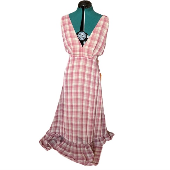 WAYF Pink Plaid Floor Length Ruffled V Cut Dress A23 - Picture 1 of 5